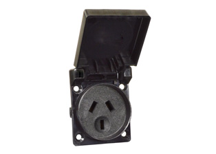 AUSTRALIA, NEW ZEALAND, CHINA 10 AMPERE-250 VOLT PANEL OR WALL BOX MOUNT OUTLET (WITH GASKET), AS/NZS 3112 TYPE I (AU1-10R),  WEATHERPROOF IP44 RATED, 2 POLE-3 WIRE GROUNDING (2P+E). BLACK.

<br><font color="yellow">Notes: </font> 
<br><font color="yellow">*</font> Stainless steel wall plates #97120-BZ and #97120-DBZ mounts outlet onto standard American 2x4 and 4x4 wall boxes.
<br><font color="yellow">*</font> Not for use with #70125 wall box.
<br><font color="yellow">*</font> Optional panel mount terminal shield #70127 available.
<br><font color="yellow">*</font> Australia, New Zealand plugs, outlets, connectors, power cords, socket strips, GFCI (RCD) outlets are listed below in related products. Scroll down to view.