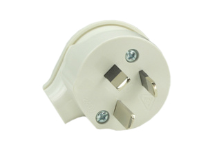 AUSTRALIA / NEW ZEALAND 10 AMPERE-250 VOLT TYPE I ANGLE POWER PLUG AS/NZS 4417 (RCM) MARK, AS/NZS 3280, (AS/NZS 3112) (AU1-10P), 2 POLE-3 WIRE GROUNDING. WHITE. 

<br><font color="yellow">Notes: </font> 
<br><font color="yellow">*</font> Plug connects with 10 Ampere, 15 Ampere, 20 Ampere Australian, New Zealand outlets, receptacles, connectors.