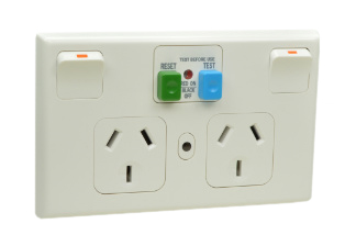 AUSTRALIAN / NEW ZEALAND 10 AMPERE 230-240 VOLT, 50Hz, GFCI/RCD, 10mA TRIP DUPLEX POWER OUTLET (AU1-10R) (AS/NZS 3112), SHUTTERED CONTACTS, ON/OFF SWITCHES, INDICATOR LIGHT, INTEGRAL WALL PLATE, 2 POLE-3 WIRE GROUNDING (2P+E). WHITE.

<br><font color="yellow">Notes: </font> 
<br><font color="yellow">*</font> GFCI/RCD allows for protection of downstream outlets. 
<br><font color="yellow">*</font> Not for use on life support, medical equipment, refrigeration equipment.
<br><font color="yellow">*</font> Horizontal mount on American 2x4 wall boxes, surface mount on #84225-AR, #74225 wall boxes.
<br><font color="yellow">*</font> Australia TUV approved building wire/cable #<a href="https://internationalconfig.com/icc6.asp?item=CNCP07AA002">CNCP07AA002</a>.
<br><font color="yellow">*</font> Scroll down to view related power cords, plugs, power strips, GFCI sockets, plug adapters.