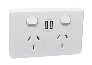 AUSTRALIA / NEW ZEALAND 10 AMPERE-250 VOLTS, 50HZ, TYPE I <font color="yellow">DUPLEX OUTLET WITH TWO USB PORTS</font> (AS/NZS 3112) (AU1-10R), SINGLE POLE ON/OFF SWITCHES, INTEGRAL WALL PLATE, PANEL OR WALL BOX MOUNT, 2 POLE-3 WIRE GROUNDING. WHITE.

<br><font color="yellow">Notes: </font> 
<br><font color="yellow">*</font> USB Outlet DC 5V - 4.8A
<br><font color="yellow">*</font> Horizontal mount on American 2x4 wall boxes, surface mount on #84225-AR, #74225 wall boxes.
<br><font color="yellow">*</font> Australia TUV approved building wire/cable #<a href="http://internationalconfig.com/icc6.asp?item=CNCP07AA002">CNCP07AA002</a>.
<br><font color="yellow">*</font> Scroll down to view related power cords, plugs, power strips, GFCI sockets, plug adapters.