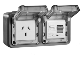 AUSTRALIAN / NEW ZEALAND 10 AMPERE-230 VOLT RCD/RCBO (GFCI) OUTLET (AU1-10R), 50/60 Hz, (10mA TRIP), 2 POLE-3 WIRE GROUNDING (2P+E). HORIZONTAL SURFACE MOUNT IP55 WEATHERPROOF BOX AND COVER. 

<br><font color="yellow">Notes: </font> 
<br><font color="yellow">*</font> Operating temp = -5�C to +40�C.
<br><font color="yellow">*</font> Terminal torque = 0.08Nm.
