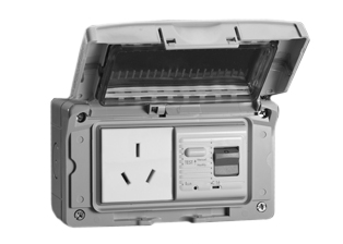 CHINA 16 AMPERE-230 VOLT (RCBO / RCD) GFCI POWER OUTLET (CH2-16R), 50/60 Hz, 30mA TRIP, 2 POLE-3 WIRE GROUNDING, IP55 RATED WEATHERPROOF BOX AND COVER, KNOCKOUT CABLE ENTRYS, HORIZONTAL SURFACE MOUNT. GRAY.
<BR><font color="yellow">Notes:</font>
 <BR><font color="yellow">*</font> Protects Downstream outlets. 
<BR><font color="yellow">*</font> No reset after power failure (Latched RCD). 
<br><font color="yellow">*</font> Outlet accepts 16 ampere (CH2-16P) China plugs only.   

