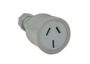 AUSTRALIA / NEW ZEALAND 20A, 15A, 10A-240 VOLT IN-LINE CONNECTOR, (AU3-20R) (AS/NZS 3112), COMPRESSION CORD GRIP, 2 POLE-3 WIRE GROUNDING (2P+E). GRAY.

<br><font color="yellow">Notes: </font> 
<br><font color="yellow">*</font> Connector accepts 20 Ampere, 15 Ampere, 10 Ampere Australian / New Zealand plugs.
<br><font color="yellow">*</font> Compression type strain relief. Terminal screw torque = 0.6Nm.
<br><font color="yellow">*</font> Related plugs, outlets, GFCI sockets, power cords, power strips, adapters listed below. Scroll down to view.

 