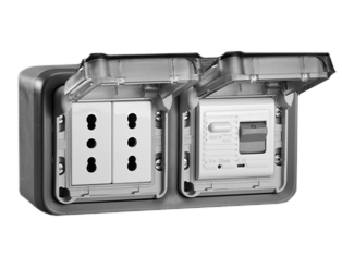 ITALY, CHILE, SOUTH AMERICA 10A/16A-230V <font color="yellow">GFCI (RCBO/RCD)</font> TYPE L DUPLEX OUTLET, CEI 23-50 (S17) CEI 23-16 (IT1-10R/IT2-16R) <font color="yellow">(30mA TRIP)</font>, 50/60Hz, SHUTTERED CONTACTS, IP55 RATED ENCLOSURE, HORIZONTAL SURFACE MOUNT, GLAND TYPE CABLE ENTRY <font color="yellow">(**)</font>, 2 POLE-3 WIRE GROUNDING (2P+E). GRAY. 

<BR><font color="yellow">Notes:</font>
<BR><font color="yellow">*</font> Accepts Type Italy, Chile type L 10 Ampere, 16 Ampere plugs.
<BR><font color="yellow">*</font> Downstream outlets can be protected. Use on single phase 230 volt circuits only.
<BR><font color="yellow">*</font> Latched RCD, No reset after power failure. RCBO (single pole + neutral) provides over current protection.
<BR><font color="yellow">*</font> Screw terminal torque = 0.08Nm. Operating temp. = -5�C to +40�C. 
<BR><font color="yellow">*</font> Weatherproof IP66 rated outlets available.  
<BR><font color="yellow">*</font> Not for use on life support, medical equipment, refrigeration equipment.  
<BR><font color="yellow">**</font> <font color="Orange"> M20 "Hub Entry" designs and IP66 rated versions available. GFCI (RCBO/RCD) outlets are available for all countries.</font>
 

   
 