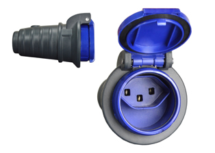 SWITZERLAND 16 AMPERE-250 VOLT RUBBER IN-LINE CONNECTOR (SW2-16R / SW1-10R), TYPE T-23, IP44 SPLASHPROOF WITH CLOSURE LID. BLUE.

<br><font color="yellow">Notes: </font> 
<br><font color="yellow">*</font> Connector  accepts 10A and 16A Swiss plugs.