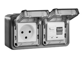 ISRAEL 16 AMPERE-230 VOLT GFCI (RCBO/RCD) OUTLET, SI 32 (IS1-16R), 30mA TRIP, 50/60 Hz, 2 POLE-3 WIRE GROUNDING, IP55 RATED WEATHERPROOF BOX AND COVER, (GLAND TYPE CABLE ENTRY), HORIZONTAL SURFACE MOUNT. GRAY.


