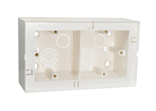 EUROPEAN, INTERNATIONAL, BRITISH, UNITED KINGDOM SURFACE MOUNT TWO GANG WALL BOX, 47mm DEEP, SIDE WIRED OR BACK WIRED, TWO 1/2 IN. TWO 3/4 IN. KNOCKOUTS. WHITE.    
<br><font color="yellow">Notes: </font> 
<br><font color="yellow">*</font> Accepts 86mmX146mm Size Sockets, Outlets, Switches, Devices with 120mm (120.6mm) mounting centers. 
<br><font color="yellow">*</font> Verify mating product(s) depth dimension for compatibility with # 79245X45-N wall box.

<br><font color="yellow">*</font> Accepts 45mmX45mm & 22.5mmX45mm size modular devices.

<BR><font color="yellow">*</font> View Modular European, British, International Outlets / Switches. <a href="https://www.internationalconfig.com/modular_electrical_devices.asp" style="text-decoration: none">[ Entire Modular Device Series ]</a>
<br><font color="yellow">*</font>  Wall box requires one # 79270X45-N mounting frame and one # 79255X45-N wall plate when used with modular devices.

 <br><font color="yellow">*</font> Surface mount modular device <font color="yellow">steel</font>  wall box available. View # 79230X45.

 <br><font color="yellow">*</font> Surface mount modular device <font color="yellow">insulated</font> wall boxes available. View # 680604X45 type. Weatherproof view # 684628X45 type.

 <br><font color="yellow">*</font> British, United Kingdom plugs, power cords, outlets, power strips, GFCI-RCD receptacles, sockets, connectors, listed below in related products. Scroll down to view.
 