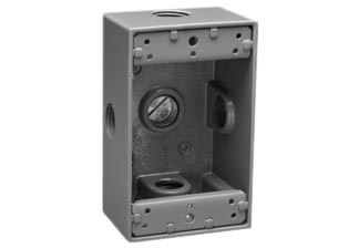 WEATHERPROOF AMERICAN, CANADA <font color="yellow">ONE GANG (2X4)</font> WALL BOX, SURFACE MOUNT, WET/DRY LOCATION, 2 INCHES DEEP, <font color="yellow"> FIVE 1/2 INCH (NPT) CONDUIT ENTRY HOLES</font>, EXTERNAL MOUNTING BRACKETS, CAST ALUMINUM. GRAY.

<br><font color="yellow">Notes:</font> 
 <br><font color="yellow">*</font> Accepts <font color="Yellow"> American, Canada (NEMA)</font> Duplex outlets, Single outlets & (NEMA) locking outlets.  <a href="https://internationalconfig.com/united-states-electrical-devices-power-plugs-connectors-sockets-receptacles-outlets-adapters-cords-powerstrips-inlets.asp#">NEMA Outlets Link</a>

<br><font color="yellow">*</font> Accepts <font color="orange "> European, American, International </font> Modular outlets. <a href="https://www.internationalconfig.com/modular_electrical_devices.asp">Modular Outlets Link</a> 
 Requires # 79120X45-N frame, # 79130X45-N wall plate. 

<br><font color="yellow">*</font> Accepts <font color="LightCoral"> Weatherproof IP54,</font> European, International, American outlets. <a href="https://www.internationalconfig.com/icc5.asp?productgroup=%27Weatherproof%20Outlets,Boxes,Covers%27&Producttype=%27Panel%20Mount%20Outlets,IP44,IP55,IP68%27&set=1&title1=%27prodtype%27">Weatherproof Outlets Link</a>  Requires # 97120-BZ wall plate.

<BR><font color="yellow">*</font> Adapter available # 02015, Converts 1/2 Inch NPT thread to M20 thread. 

<br><font color="yellow">*</font> Additional surface mount, flush mount, weatherproof wall boxes available. Scroll down to view.

 

