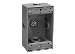 WEATHERPROOF AMERICAN, CANADA <font color="yellow">ONE GANG (2X4)</font> WALL BOX, SURFACE MOUNT, WET/DRY LOCATION, <br><font color="yellow"> 2 INCHES  DEEP</font>, FIVE 3/4 INCH (NPT) CONDUIT ENTRY HOLES, EXTERNAL MOUNTING BRACKETS, CAST ALUMINUM. GRAY.

<br><font color="yellow">Notes:</font> 
<br><font color="yellow">*</font> Accepts <font color="Yellow"> American, Canada (NEMA)</font> Duplex outlets, Single outlets & (NEMA) locking outlets.  <a href="https://internationalconfig.com/united-states-electrical-devices-power-plugs-connectors-sockets-receptacles-outlets-adapters-cords-powerstrips-inlets.asp#">NEMA Outlets Link</a>

<br><font color="yellow">*</font> Accepts <font color="orange "> European, American, International </font> Modular outlets. <a href="https://www.internationalconfig.com/modular_electrical_devices.asp">Modular Outlets Link</a> 
 Requires # 79120X45-N frame, # 79130X45-N wall plate. 
<br><font color="yellow">*</font> Accepts <font color="LightCoral"> Weatherproof IP54,</font> European, International, American outlets. <a href="https://www.internationalconfig.com/icc5.asp?productgroup=%27Weatherproof%20Outlets,Boxes,Covers%27&Producttype=%27Panel%20Mount%20Outlets,IP44,IP55,IP68%27&set=1&title1=%27prodtype%27">Weatherproof Outlets Link</a>  Requires # 97120-BZ wall plate.
<br><font color="yellow">*</font> Additional surface mount, flush mount, weatherproof wall boxes available. Scroll down to view.