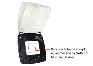 WEATHERPROOF (NEMA TYPE 3R) IP66 MODULAR DEVICE COVER WITH GASKET, TRANSPARENT LID. PANEL MOUNT OR MOUNT ON AMERICAN 2 GANG WALL BOX, DESIGNED FOR IN USE APPLICATIONS. WHITE.

<br><font color="yellow">Notes: </font>

 <br><font color="yellow">Notes: </font> 
<br><font color="yellow">*</font> Cover accepts 45mmX45mm 0R 22.5mmX45mm modular size outlets, GFCI/Overload circuit breakers, switches.

<BR><font color="yellow">*</font> View European, British, International Outlets / Switches. <a href="https://www.internationalconfig.com/modular_electrical_devices.asp" style="text-decoration: none">[ Entire Modular Device Series ]</a>

<br> 
<br><font color="yellow">*</font> Outlets #70100X45-IT, 74600X45, 685041X45, 685042X45 cannot be used with this cover.

 