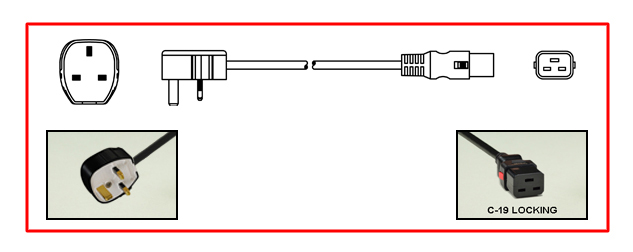 <font color="red">LOCKING</font> BRITISH, UNITED KINGDOM, 13A-250V POWER CORD, BS 1363A TYPE G [UK1-13P] PLUG, 13 AMPERE BS 1362 FUSE, IEC 60320 <font color="RED"> LOCKING C-19 CONNECTOR</font>, H05VV-F 1.5mm2 CONDUCTORS, 70C, 2 POLE-3 WIRE GROUNDING [2P+E], 2.5 METERS [8FT-2IN] [98"] LONG. BLACK.
<br><font color="yellow">Length: 2.5 METERS [8FT-2IN]</font>

<br><font color="yellow">Notes: </font> 
<br><font color="yellow">*</font> Locking C19 connector designed to securely lock onto all C20 inlets, C20 plugs, C20 power cords.
<br><font color="yellow">*</font> IEC 60320 C19 connector locks onto C20 power inlets or C20 plugs. (<font color="red"> Red color (slide release latch) unlocks the C19 connector.</font>)
<br><font color="yellow">*</font><font color="orange">Custom lengths / designs available.</font>  
<br><font color="yellow">*</font> </font><font color="red"> Locking</font> European, British, UK, Australian, International and America / Canada NEMA 5-15P, 5-20P, 6-15P, 6-20P, L5-15P, L6-15P, L5-20P, L6-20P, L5-30P, L6-30P, IEC 60309 (6h), IEC 60320 C-13, IEC 60320 C19 locking power cords are listed below in related products. Scroll down to view.