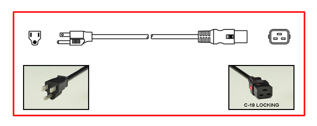 <font color="red">LOCKING</font> 15A-125V POWER CORD, NEMA 5-15P PLUG, IEC 60320 <font color="RED"> LOCKING C-19 CONNECTOR</font>, SJTO 14/3 AWG, 105�C, 2 POLE-3 WIRE GROUNDING (2P+E), 3.66 METERS (12 FEET) (144") LONG. BLACK.
<br><font color="yellow">Length: 3.66 METERS (12 FEET)</font>

<br><font color="yellow">Notes: </font> 
<br><font color="yellow">*</font> IEC 60320 C19 connector locks onto C20 power inlets or C20 plugs. (<font color="red"> Red color (slide release latch) unlocks the C19 connector.</font>)
<br><font color="yellow">*</font> NEMA 5-15P plugs connect with NEMA 5-15R (15A-125V) & NEMA 5-20R (20A-125V) receptacles/connectors.
<br><font color="yellow">*</font> <font color="red">Locking</font> America / Canada (NEMA) 5-15P, 5-20P, 6-15P, 6-20P, L5-15P, L6-15P, L5-20P, L6-20P, L5-30P, L6-30P and European, International, IEC 60309 (6h), IEC 60320 C13, IEC 60320 C19 locking power cords are listed below in related products. Scroll down to view.