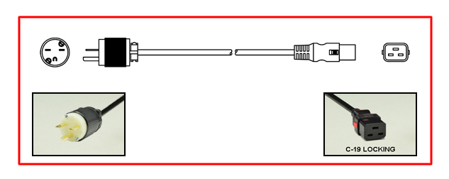 <font color="red">LOCKING</font> 15A-250V POWER CORD, NEMA 6-15P PLUG, IEC 60320 <font color="RED"> LOCKING C-19 CONNECTOR</font>, SJTO 14/3 AWG, 105�C, 2 POLE-3 WIRE GROUNDING [2P+E], 2.5 METERS [8FT-2IN] [98"] LONG. BLACK.
<br><font color="yellow">Length: 2.5 METERS [8FT-2IN]</font>

<br><font color="yellow">Notes: </font> 
<br><font color="yellow">*</font> IEC 60320 C19 connector locks onto C20 power inlets or C20 plugs. (<font color="red"> Red color (slide release latch) unlocks the C19 connector.</font>)
<br><font color="yellow">*</font> NEMA 6-15P plugs mate with NEMA 6-15R (15A-250V) & NEMA 6-20R (20A-250V) receptacles/connectors.
<br><font color="yellow">*</font> <font color="red">Locking</font> America / Canada (NEMA) 5-15P, 5-20P, 6-15P, 6-20P, L5-15P, L6-15P, L5-20P, L6-20P, L5-30P, L6-30P and European, International, IEC 60309 (6h), IEC 60320 C13, IEC 60320 C19 locking power cords are listed below in related products. Scroll down to view.