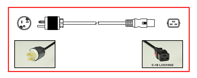 <font color="red">LOCKING</font> 20A-125V POWER CORD, NEMA 5-20P PLUG, IEC 60320 <font color="RED"> LOCKING C-19 CONNECTOR</font>, SJTOW 12/3 AWG, 105�C, 2 POLE-3 WIRE GROUNDING [2P+E], 2.5 METERS [8FT-2IN] [98"] LONG. BLACK.
<br><font color="yellow">Length: 2.5 METERS [8FT-2IN]</font>

<br><font color="yellow">Notes: </font> 
<br><font color="yellow">*</font> Locking C19 connector designed to securely lock onto all C20 inlets, C20 plugs, C20 power cords.
<br><font color="yellow">*</font> IEC 60320 C19 connector locks onto C20 power inlets or C20 plugs. (<font color="red"> Red color (slide release latch) unlocks the C19 connector.</font>)
<br><font color="yellow">*</font> <font color="red">Locking</font> America / Canada NEMA 5-15P, 5-20P, 6-15P, 6-20P, L5-15P, L6-15P, L5-20P, L6-20P, L5-30P, L6-30P and European, International, IEC 60309 (6h), IEC 60320 C13, IEC 60320 C19 locking power cords are listed below in related products. Scroll down to view.