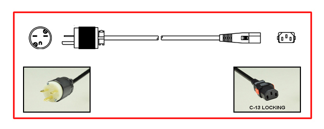 <font color="RED">LOCKING </font> 15A-250V POWER CORD, NEMA 6-15P PLUG, IEC 60320 <font color="RED"> LOCKING C-13 CONNECTOR</font>, SJT 14/3 AWG, 105�C, 2 POLE-3 WIRE GROUNDING [2P+E], 2.5 METERS [8FT-2IN] [98"] LONG. BLACK.
<br><font color="yellow">Length: 2.5 METERS [8FT-2IN]</font>

<br><font color="yellow">Notes: </font> 
<br><font color="yellow">*</font> IEC 60320 C13 connector locks onto C14 power inlets or C14 plugs. (<font color="red"> Red color (slide release latch) unlocks the C13 connector.</font>)
<br><font color="yellow">*</font> NEMA 6-15P plugs connect with NEMA 6-15R (15A-250V) & NEMA 6-20R (20A-250V) receptacles/connectors.
<br><font color="yellow">*</font> IEC 60320, IEC 60309 C13, C19 locking type American (NEMA), European, International power cords, PDU power strips, In-line connectors, panel mount sockets are listed below in related products. Scroll down to view.

 