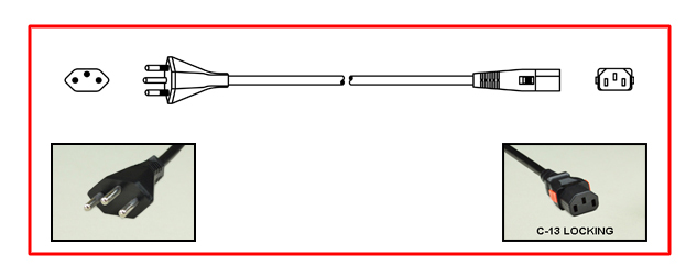 <font color="red">LOCKING</font> BRAZIL 10 AMPERE-250 VOLT DETACHABLE POWER CORD SET, NBR 14136 TYPE N [BR2-10P] PLUG, IEC 60320 <font color="red">LOCKING C-13 CONNECTOR</font>, H05VV-F 1.0mm2 CONDUCTORS, 70�C, 2 POLE-3 WIRE GROUNDING [2P+E], 2.5 METERS [8FT-2IN] [98"] LONG. BLACK. COILED.
<br><font color="yellow">Length: 2.5 METERS [8FT-2IN]</font>  

<br><font color="yellow">Notes: </font> 
<br><font color="yellow">*</font> IEC 60320 C-13 connector locks onto C14 power inlets. <font color="red">Slide buttons (red color) release (unlocks) the C-13 connector</font>.

<br> <font color="yellow">*</font> Power cord plug mates with 10A-250V &  20A-250V Brazil outlets, connectors.  
<br><font color="yellow">*</font> IEC 60320 C-13 locking power strips, C-13 locking panel mount outlet and additional C-13 locking power cords are listed below under related products.