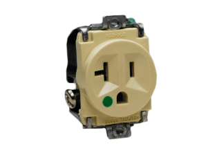 20A-125V HOSPITAL GRADE PANEL MOUNT RECEPTACLE, GREEN DOT NEMA 5-20R, 2 POLE-3 WIRE GROUNDING (2P+E), IMPACT RESISTANT NYLON. UL/CSA LISTED. IVORY.

<br><font color="yellow">Notes: </font> 
<br><font color="yellow">*</font> Plugs, connectors, receptacles, power cords, wall plates, weatherproof covers are listed below in related products. Scroll down to view.