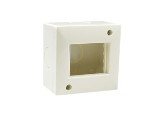 SURFACE MOUNT WALL BOX, IP40 RATED, ACCEPTS SOUTH AMERICA, EUROPEAN, INTERNATIONAL 37mmX50mm, 18.5mmX50mm SIZE MODULAR DEVICES, FOUR 25mm KNOCKOUTS. WHITE. 

<br><font color="yellow">Notes: </font> 
<br><font color="yellow">*</font> Accepts one 37mmX50mm device or two 18.5mmX50mm size devices.
<br><font color="yellow">*</font> Scroll down to view outlets, sockets, switches, surface mount boxes, IP55 rated weatherproof covers, weatherproof boxes, panel mount and DIN rail mount frames.
