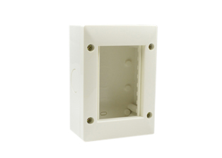 SURFACE MOUNT WALL BOX, IP40 RATED, ACCEPTS SOUTH AMERICA, EUROPEAN, INTERNATIONAL 75mmX50mm, 37mmX50mm, 18.5mmX50mm MODULAR SIZE DEVICES, FOUR 25mm KNOCKOUTS. WHITE.

<br><font color="yellow">Notes: </font> 
<br><font color="yellow">*</font> Accepts one 75mmX50mm, two 37mmX50mm, four 18.5mmX50mm or combinations of these devices.
<br><font color="yellow">*</font> Scroll down to view outlets, sockets, switches surface mount boxes, IP55 rated weatherproof covers, weatherproof boxes, panel mount and DIN rail mount frames.


 
