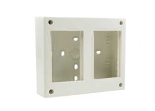 SURFACE MOUNT TWO GANG WALL BOX, IP40 RATED, ACCEPTS SOUTH AMERICA, EUROPEAN, INTERNATIONAL 75mmX50mm, 37mmX50mm, 18.5mmX50mm MODULAR SIZE DEVICES, FOUR 25mm KNOCKOUTS. WHITE.  

<br><font color="yellow">Notes: </font> 
<br><font color="yellow">*</font> Accepts two 75mmX50mm, four 37mmX50mm, eight 8.5mmX50mm or combinations of these devices.
<br><font color="yellow">*</font> Scroll down to view outlets, sockets, switches surface mount boxes, IP55 rated weatherproof covers, weatherproof boxes, panel mount and DIN rail mount frames.
