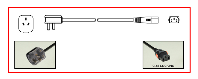 <font color="red">LOCKING</font> CHINA 10 AMPERE 250 VOLT DETACHABLE POWER CORD SET, [CH1-10P] PLUG, IEC 60320 <font color="red">LOCKING C-13 CONNECTOR</font>, H05VV-F 1.0mm2 CONDUCTORS, 70�C, 2 POLE-3 WIRE GROUNDING [2P+E], 2.5 METERS [8FT-2IN] [98"] LONG. BLACK. 
<br><font color="yellow">Length: 2.5 METERS [8FT-2IN]</font> 

<br><font color="yellow">Notes: </font> 
<br><font color="yellow">*</font> Connects with China CH1-10R (10A-250V) outlets only.
<br><font color="yellow">*</font> IEC 60320 C-13 connector locks onto C14 power inlets. <font color="red">Slide buttons (red color) release (unlocks) the C-13 connector</font>.
<br><font color="yellow">*</font> IEC 60320 C-13 locking power strips, C-13 locking panel mount outlet and additional C-13 locking power cords are listed below under related products.