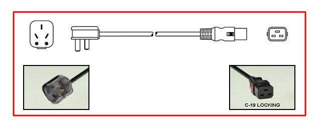 <font color="red">LOCKING</font> CHINA 16 AMPERE-250 VOLT POWER CORD, [CH2-16P] PLUG, IEC 60320 <font color="RED"> LOCKING C-19 CONNECTOR</font>, H05VV-F 1.5mm2 CONDUCTORS, 70�C, 2 POLE-3 WIRE GROUNDING [2P+E], 2.5 METERS [8FT-2IN] [98"] LONG. BLACK. 
<br><font color="yellow">Length: 2.5 METERS [8FT-2IN]</font>

<br><font color="yellow">Notes: </font> 
<br><font color="yellow">*</font> Locking C19 connector designed to securely lock onto all C20 inlets, C20 plugs, C20 power cords.
<br><font color="yellow">*</font> Connects with China CH2-16R (16A-250V) outlets only.
<br><font color="yellow">*</font> IEC 60320 C19 connector locks onto C20 power inlets or C20 plugs. (<font color="red"> Red color (slide release latch) unlocks the C19 connector.</font>)
<br><font color="yellow">*</font> <font color="red"> Locking</font> European, British, UK, Australian, International and American/Canada NEMA 5-15P, 5-20P, 6-15P, 6-20P, L5-15P, L6-15P, L5-20P, L6-20P, L5-30P, L6-30P, IEC 60309 (6h), IEC 60320 C13, IEC 60320 C19 locking power cords are listed below in related products. Scroll down to view.
