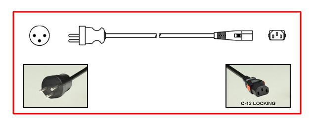 <font color="red">LOCKING</font> ISRAEL 10 AMPERE-250 VOLT DETACHABLE POWER CORD SI 32 [IS1-16P] PLUG, IEC 60320 <font color="red">LOCKING C-13 CONNECTOR</font>, H05VV-F 1.0mm2 CONDUCTORS, 70C, 2 POLE-3 WIRE GROUNDING [2P+E], 2.5 METERS [8FT-2IN] [98"] LONG. BLACK.
<br><font color="yellow">Length: 2.5 METERS [8FT-2IN]</font>

<br><font color="yellow">Notes: </font> 
<br><font color="yellow">*</font> Locking C13 connector designed to securely lock onto all C14 inlets, C14 plugs, C14 power cords.
<br><font color="yellow">*</font> IEC 60320 C-13 connector locks onto C14 power inlets. <font color="red">slide buttons (red color) release (unlocks) the C-13 connector</font>.
<br><font color="yellow">*</font><font color="orange">Custom lengths / designs available.</font>  
<br><font color="yellow">*</font> IEC 60320 C-13 locking power strips, C-13 locking panel mount outlet and additional C-13 locking power cords are listed below under related products.