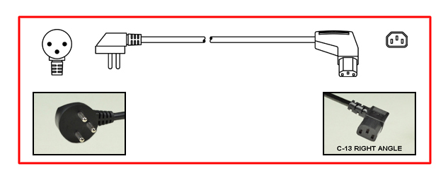 ISRAEL 10 AMPERE-250 VOLT DETACHABLE POWER CORD SI 32 [IS1-16P] PLUG, IEC 60320 C-13 RIGHT ANGLE CONNECTOR, 2 POLE-3 WIRE GROUNDING, 2.5 METERS [8FT-2IN] [98"] LONG. BLACK.
<br><font color="yellow">Length: 2.5 METERS [8FT-2IN]</font>