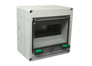 EUROPEAN, UK, INTERNATIONAL WEATHERPROOF 8 MODULE SURFACE MOUNT IP65 RATED, NEMA TYPE 4X, CIRCUIT BREAKER ENCLOSURE. OUTDOOR UV RATED. ACCEPTS 35mm DIN RAIL MOUNTED OVERLOAD & GFCI (RCD) BREAKERS, TEMP. RATING = -40C TO +120C. CE MARK. GRAY.

<br><font color="yellow">Notes: </font> 
<br><font color="yellow">*</font> NOTE: Filler blanks, part # QBP5, sold separately.
<br><font color="yellow">*</font> NOTE: Combination PE / Neutral termination strip, part # 88-207, sold separately. # 88-207 for use only on European applications. Terminal Strip # 88-207 is not UL approved.
<br><font color="yellow">*</font> Outdoor UV rated enclosure.
<br><font color="yellow">*</font> IP68 cable connectors listed on page 210.