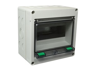 EUROPEAN, UK, INTERNATIONAL WEATHERPROOF 8 MODULE SURFACE MOUNT IP54 RATED CIRCUIT BREAKER ENCLOSURE. ACCEPTS 35 mm DIN RAIL MOUNTED OVERLOAD & GFCI (RCD) BREAKERS, TEMP. RATING = -40°C TO +70°C. GRAY. CE MARK.

<br><font color="yellow">Notes: </font> 
<br><font color="yellow">*</font> IP65 rating available (use IP68 connectors listed on catalog page #210).