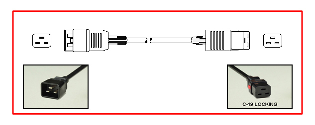 <font color="red">LOCKING</font> IEC 60320 C-19 TO C-20, 15 AMPERE-250 VOLT POWER CORD, C(UL)US APPPROVED, IEC 60320 <font color="RED"> LOCKING C-19 CONNECTOR</font>, IEC 60320 C-20 PLUG, 14/3 AWG SJT 105C, 2 POLE-3 WIRE GROUNDING (2P+E), 0.9 METERS (3 FEET) (36") LONG. BLACK.
<br><font color="yellow">Length: 0.9 METERS (3 FEET)</font> 

<br><font color="yellow">Notes: </font> 
<br><font color="yellow">*</font> Locking C19 connector designed to securely lock onto all C20 inlets, C20 plugs, C20 power cords.
<br><font color="yellow">*</font> IEC 60320 C-19 connector locks onto C-20 power inlets or C-20 plugs. (<font color="red"> Red color (slide release latch) unlocks the C-19 connector.</font>)
<br><font color="yellow">*</font> IEC 60320 C-19, C-20 locking power cords, locking PDU outlet strips, locking C-19 outlets are listed below in related products. Scroll down to view.