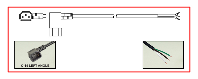 IEC 60320 LEFT ANGLE C-14, STRIPPED ENDS, POWER SUPPLY CORD, 10 AMPERE-250 VOLT [UL/CSA], 18/3 AWG, SJT, 105C CORDAGE, 2 POLE-3 WIRE GROUNDING [2P+E], 0.9 METERS [3 FEET] [36"] LONG. BLACK.
<br><font color="yellow">Length: 0.9 METERS [3 FEET]</font>

<br><font color="yellow">Notes: </font> 
<br><font color="yellow">*</font> UL/CSA approved 10 Amp.