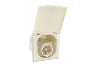IEC 60309 (6h), 16 AMPERE-250 VOLT FLUSH MOUNT POWER INLET, SPLASHPROOF (IP44), 2 POLE-3 WIRE GROUNDING (2P+E). BEIGE. EUROPEAN APPROVALS. 

<br><font color="yellow">Notes: </font> 
<br><font color="yellow">*</font> Applications = European / International exported equipment, mobile units, RV, caravans, trailers, vans.
<br><font color="yellow">*</font> Mating in-line connector #888-3126-NS. Scroll down to view.