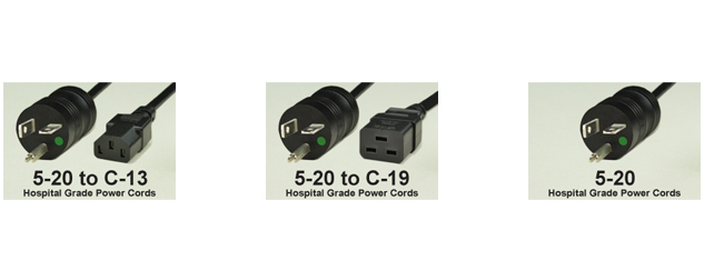 20 AMP - 125 VOLT HOSPITAL GRADE POWER CORDS.
<br>HOSPITAL GRADE, "GREEN DOT" NEMA 5-20P PLUGS TO VARIOUS CONNECTION ENDS. IEC 60320 C-13, C-19 CONNECTORS AND UNTERMINATED ENDS. 14/3 AWG SJT, SJTO, SJTOW TYPE CORDAGE, 105�C, 2 POLE-3 WIRE GROUNDING (2P+E), UL/CSA LISTED, 3.05 METERS (10 FEET) (120") LONG. COLORS AVAILABLE: BLACK. 

<br><font color="yellow">Notes: </font> 
<br><font color="yellow">*</font> Custom lengths and colors available.
<br><font color="yellow">*</font> Visit our <a href="https://www.internationalconfig.com/power-cords-hospital-grade-power-cords.asp" style="text-decoration: none">Hospital Grade Power Cord Selector</a> to view all NEMA hospital grade products.
<br><font color="yellow">*</font> Hospital grade power cords, plugs, connectors are listed below in related products. Scroll down to view.

