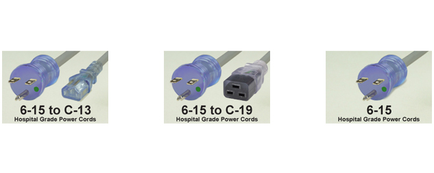 15 AMP - 250 VOLT HOSPITAL GRADE POWER CORDS.
<br>HOSPITAL GRADE, "GREEN DOT" NEMA 6-15P PLUGS TO VARIOUS CONNECTION ENDS. IEC 60320 C-13, C-19 CONNECTORS AND UNTERMINATED ENDS, 14/3 AWG SJT, SJTO, SJTOW TYPE CORDAGE, 105�C, 2 POLE-3 WIRE GROUNDING (2P+E), UL/CSA LISTED, 3.05 METERS (10 FEET) (120") LONG. COLORS AVAILABLE: GRAY, CLEAR PLUG, CLEAR CONNECTOR. 

<br><font color="yellow">Notes: </font> 
<br><font color="yellow">*</font> Custom lengths and colors available.
<br><font color="yellow">*</font> Visit our <a href="https://www.internationalconfig.com/power-cords-hospital-grade-power-cords.asp" style="text-decoration: none">Hospital Grade Power Cord Selector</a> to view all NEMA hospital grade products.
<br><font color="yellow">*</font> Hospital grade power cords, plugs, connectors are listed below in related products. Scroll down to view.