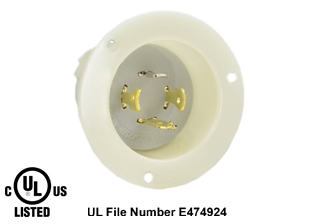 20 AMPERE-125/250 VOLT (NEMA L14-20P) FLANGED PANEL MOUNT POWER INLET, 3 POLE-4 WIRE GROUNDING (3P+E), IMPACT RESISTANT NYLON BODY, SPECIFICATION GRADE. WHITE. 

<br><font color="yellow">Notes: </font> 
<br><font color="yellow">*</font> For weatherproof / dustproof panel mount applications use #5202-WC inlet cover.
<br><font color="yellow">*</font> Terminals accept 14AWG-8AWG. Max torque = 12 in. lbs.
<br><font color="yellow">*</font> Temp. range = -40�C to +75�C.
<br><font color="yellow">*</font> NEMA 15A, 20A, 30A (125V, 250V), IEC 60309 (20A, 30A, 60A, 125A) & European, Australian power inlets are listed below in related products. Scroll down to view.
