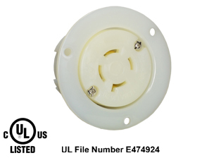 20 AMPERE-480, 3 PHASE (X,Y,Z,+G) (NEMA L16-20R) LOCKING FLANGED PANEL MOUNT POWER OUTLET, 3 POLE-4 WIRE GROUNDING (3P+E), IMPACT RESISTANT NYLON BODY, SPECIFICATION GRADE. WHITE.

<br><font color="yellow">Notes: </font> 
<br><font color="yellow">*</font> Terminals accept 14AWG-8AWG. Max torque = 12 in. lbs.
<br><font color="yellow">*</font> Temp. range = -40�C to +75�C.
<br><font color="yellow">*</font> NEMA locking 15A, 20A, 30A (125V, 250V), IEC 60309 (20A, 30A, 60A, 125A) power outlets are listed below in related products. Scroll down to view.