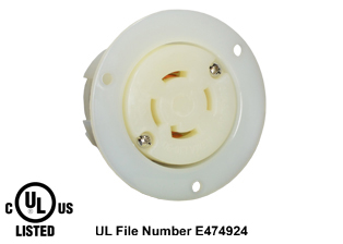 30 AMPERE-480, 3 PHASE (X,Y,Z,+G) (NEMA L16-30R) LOCKING FLANGED PANEL MOUNT POWER OUTLET, 3 POLE-4 WIRE GROUNDING (3P+E), IMPACT RESISTANT NYLON BODY, SPECIFICATION GRADE. WHITE.

<br><font color="yellow">Notes: </font> 
<br><font color="yellow">*</font> Terminals accept 14AWG-8AWG. Max torque = 12 in. lbs.
<br><font color="yellow">*</font> Temp. range = -40�C to +75�C.
<br><font color="yellow">*</font> NEMA locking 15A, 20A, 30A (125V, 250V), IEC 60309 (20A, 30A, 60A, 125A) power outlets are listed below in related products. Scroll down to view.