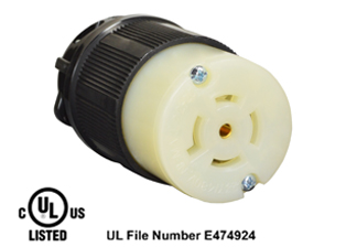 20 AMPERE-277/480 VOLT AC, 3 PHASE Y, (X, Y, Z, W, GR.), NEMA L22-20C LOCKING CONNECTOR, SPECIFICATION GRADE, IMPACT RESISTANT NYLON BODY, CABLE ENTRY DUST / MOISTURE SHIELD (IP20), 4 POLE-5 WIRE GROUNDING (4P+E). BLACK / WHITE. 
<BR> C(UL)US LISTED,  FILE #E474924.

<br><font color="yellow">Notes: </font> 
<br><font color="yellow">*</font> Accepts 14/3, 12/3, 10/3 AWG size conductors.
<br><font color="yellow">*</font> Strain relief (cord grip range) = 0.375-1.156" dia.
<br><font color="yellow">*</font> Temp. range = -40C to +75C.
<br><font color="yellow">*</font> Plugs, connectors, outlets, inlets, receptacles are listed below in related products. Scroll down to view.