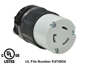 20 AMPERE-125 VOLT (NEMA L5-20R) LOCKING CONNECTOR, SPECIFICATION GRADE, IMPACT RESISTANT NYLON BODY, CABLE DUST / MOISTURE SHIELD (IP20), 2 POLE-3 WIRE GROUNDING (2P+E). BLACK / GRAY.

<br><font color="yellow">Notes: </font> 
<br><font color="yellow">*</font> Terminals accept 14/3, 12/3, 10/3 AWG size conductors.
<br><font color="yellow">*</font> Strain relief (cord grip range) = 0.375-1.156" dia.
<br><font color="yellow">*</font> Temp. range = -40�C to +75�C.
<br><font color="yellow">*</font> Power cords, plugs, connectors, outlets, inlets, receptacles, adapters are listed below in related products. Scroll down to view.
 