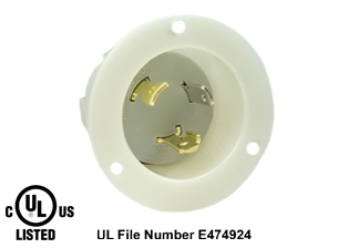 30 AMPERE-125 VOLT (NEMA L5-30P) FLANGED PANEL MOUNT POWER INLET, 2 POLE-3 WIRE GROUNDING (2P+E), IMPACT RESISTANT NYLON BODY, SPECIFICATION GRADE. WHITE.  

<br><font color="yellow">Notes: </font> 
<br><font color="yellow">*</font> For weatherproof / dustproof panel mount applications use #5201-WC inlet cover.
<br><font color="yellow">*</font> Terminals accept 14AWG-8AWG, Max torque = 12 in. lbs.
<br><font color="yellow">*</font> Temp. range = -40�C to +75�C.
<br><font color="yellow">*</font> NEMA 15A, 20A, 30A (125V, 250V), IEC 60309 (20A, 30A, 60A, 125A) & European, Australian power inlets are listed below in related products. Scroll down to view.


