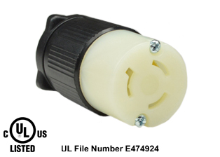 15 AMPERE-250 VOLT NEMA L6-15R LOCKING CONNECTOR, IMPACT RESISTANT NYLON BODY, 2 POLE-3 WIRE GROUNDING (2P+E), SPECIFICATION GRADE. BLACK / WHITE.  

<br><font color="yellow">Notes: </font> 
<br><font color="yellow">*</font> Terminals accept 18/3, 16/3, 14/3, 12/3 AWG size conductors.
<br><font color="yellow">*</font> Strain relief (cord grip range) = 0.300-0.650" dia.
<br><font color="yellow">*</font> Temp. range = -40C to +75C.
<br><font color="yellow">*</font> Plugs, receptacles, outlets, power strips, connectors, inlets, power cords, weatherproof outlets, plug adapters are listed below in related products. Scroll down to view.