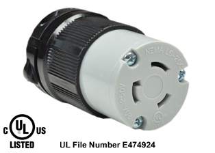 20 AMPERE-250 VOLT NEMA L6-20R LOCKING CONNECTOR, SPECIFICATION GRADE, IMPACT RESISTANT NYLON BODY, CABLE DUST / MOISTURE SHIELD (IP20), 2 POLE-3 WIRE GROUNDING (2P+E). BLACK / GRAY. NOTE: TERMINALS ACCEPT 14/3, 12/3, 10/3 AWG SIZE CONDUCTORS. STRAIN RELIEF (CORD GRIP RANGE)= 0.375"-1.156" DIA. Temp. Range: Max. + 75C, Min. - 40C.
<BR> Note: Power Cords, Plugs, Connectors, Outlets, Inlets, Receptacles, Adapters are listed below in related products.
<BR> Scroll down to view.
 
