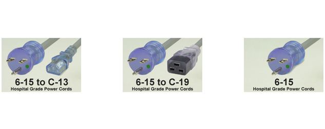 15 AMP - 250 VOLT HOSPITAL GRADE POWER CORDS.
<br>HOSPITAL GRADE, "GREEN DOT" NEMA 6-15P PLUGS TO VARIOUS CONNECTION ENDS. IEC 60320 C-13, C-19 CONNECTORS AND UNTERMINATED ENDS, 14/3 AWG SJT, SJTO, SJTOW TYPE CORDAGE, 105C, 2 POLE-3 WIRE GROUNDING (2P+E), UL/CSA LISTED, 3.05 METERS (10 FEET) (120") LONG. COLORS AVAILABLE: GRAY, CLEAR PLUG, CLEAR CONNECTOR. 

<br><font color="yellow">Notes: </font> 
<br><font color="yellow">*</font> Custom lengths and colors available.
<br><font color="yellow">*</font> Visit our <a href="https://www.internationalconfig.com/power-cords-hospital-grade-power-cords.asp" style="text-decoration: none">Hospital Grade Power Cord Selector</a> to view all NEMA hospital grade products.
<br><font color="yellow">*</font> Hospital grade power cords, plugs, connectors are listed below in related products. Scroll down to view.