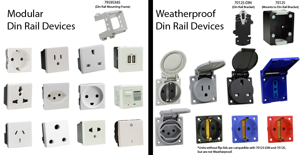 EUROPEAN, INTERNATIONAL, AMERICAN MODULAR <font color="yellow">DIN RAIL MOUNT ELECTRICAL DEVICES</font>. DIN RAIL MOUNT POWER OUTLETS, SOCKETS, RECEPTACLES, GFCI / RCD / RCBO CIRCUIT BREAKERS, USB SOCKETS, SWITCHES, RJ45 /CAT6 JACKS, INDICATOR / PILOT LIGHTS.
<BR>
<BR>
<font color="yellow">DIN Rail Mount Option:</font> Use DIN rail mount bracket #79595X45 with outlets, sockets, electrical devices listed below. <BR><font color="yellow">*</font>Scroll down and view "related products".
<BR>
<font color="yellow">Weatherproof DIN rail mount option:</font> Use weatherproof #70125-DIN bracket with #70125 wall box mount versions listed below. <BR><font color="yellow">*</font>Scroll down and view "related products".
<BR> 
<font color="yellow">Additional mounting options:</font> Modular devices also mount on American 2x4, 4x4 wall boxes</font>, weatherproof enclosures, covers rated IP44, IP54, IP66, IP68 available. Visit <a href="http://www.internationalconfig.com/modular_electrical_devices.asp" style="text-decoration: none">Modular Devices</a> 




