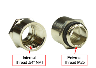 M25 ADAPTER <font color="yellow">(**)</font>, BRASS, NICKEL PLATED, O-RING. <font color="yellow"> CONVERTS M25 THREAD TO 3/4 INCH NPT THREAD.</font> 

<br><font color="yellow">Notes:</font> 
<br><font color="yellow">**</font> For connection to M25 threaded boxes or fittings with M25 thread opening. 
<BR><font color="yellow">*</font> M25 with 1.5 thread on External side and 3/4 inch NPT threads on Internal side of adapter. 
<br><font color="yellow">*</font> NPT is abbreviation for National Pipe Taper (National Pipe Thread) the United States standard for pipe fittings.
<br><font color="yellow">*</font> Availability: 1,774 in stock, $6.88 each.
<br><font color="yellow">*</font> Volume discounts available.

<br><font color="yellow">*</font> Contact sales office to purchase 01634 direct or buy on-line from <a target="_blank" href="https://www.amazon.com/Inch-thread-adapters-11-17-ring/dp/B0CFM2JR12/ref=sr_1_fkmr0_1?crid=7AE48TVFBHNJ&keywords=m25+to+3%2F4+npt&qid=1703855087&sprefix=m25+to+3%2F4+npt%2Caps%2C65&sr=8-1-fkmr0">Amazon 01634</a></font>

<BR><font color="yellow">*</font> <font color="yellow"> Related Item: </font> M20 to 1/2 inch NPT adapter available. <a href="https://internationalconfig.com/icc6.asp?item=01614" style="text-decoration: none"> View 01614</a> 
