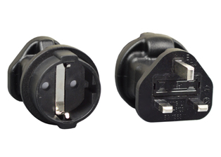 BRITISH, UNITED KINGDOM 10 AMPERE-250 VOLT PLUG ADAPTER, BS 1363 <font color="yellow"> TYPE G </font> PLUG (UK1-13P), 10 AMP FUSE (BS 1362), EUROPEAN CEE 7/3 SOCKET, SHUTTERED CONTACTS, HARD DUTY, IMPACT RESISTANT RUBBER BODY, 2 POLE-3 WIRE GROUNDING (2P+E). BLACK.

<br><font color="yellow">Notes: </font> 
<br><font color="yellow">*</font> Connects European, German, French, Schuko CEE 7/7, CEE 7/4, CEE 7/16 type E, F, C, plugs with United Kingdom (UK1-13R) outlets, sockets, receptacles.
<br><font color="yellow">*</font> Scroll down to view related products.


