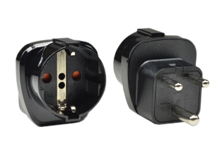 SOUTH AFRICA, INDIA, BS 546 (5/6 AMPERE-250 VOLT) (UK3-5R) <font color="yellow"> TYPE D </font> PLUG ADAPTER, SHUTTERED CONTACTS, 2 POLE-3 WIRE GROUNDING (2P+E), IMPACT RESISTANT NYLON. BLACK.  

<br><font color="yellow">Notes: </font> 
<br><font color="yellow">*</font> Connects European Schuko CEE 7/7, CEE 7/4, CEE 7/16 type E, F, C, plugs with South Africa, India, BS 546 (5A/6A-250V) type D outlets.
<br><font color="yellow">*</font> Connects Italy 10A-250V (IT1-10P) plugs, Switzerland 10A-250V plugs (SW1-10P), type C Europlugs with South Africa India, BS 546 (5A/6A-250V) type D outlets.
<br><font color="yellow">*</font> Adapter connects with South Africa, India (5A/6A-250V) type D outlets only.
<br><font color="yellow">*</font> Scroll down to view additional related products.


 
  