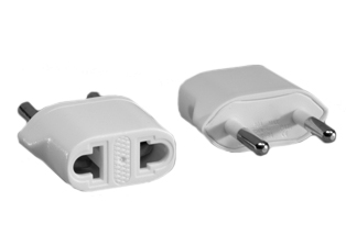 EUROPEAN / AMERICAN PLUG ADAPTER, CONNECTS EUROPEAN (4.8 mm) PIN DIAMETER PLUGS & AMERICAN TYPE A PLUGS WITH EUROPEAN TYPE C, E, F, CEE 7/3, 7/5 OUTLETS. WHITE.  
 
<br><font color="yellow">Notes: </font> 
<br><font color="yellow">*</font> Adapter 2 pole-2 wire non-grounding (4.8mm diameter plug pins).

 