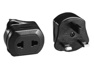 BRITISH, UK, UNITED KINGDOM 13 AMPERE-250 VOLT PLUG ADAPTER, <font color="yellow"> TYPE G </font> CONNECTS  AMERICAN NEMA 1-15P, PLUGS, EUROPEAN (4.0mm/4.8mm PIN DIA.) PLUGS & "EUROPLUG" WITH UNITED KINGDOM BS 1363A OUTLETS, 13 AMP. FUSE. BLACK. 

<br><font color="yellow">Notes: </font> 
<br><font color="yellow">*</font>  Non-grounding (2 pole-2 wire).
<br><font color="yellow">*</font> View related products list below for country specific plug adapters & universal European, international, worldwide plug adapters for all countries.


 